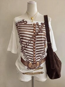Lalippa Digital Print Napoleon Element Fashionable Women's Asymmetrical Shoulder Dropped Sleeve T-Shirt - Apricot - View 1