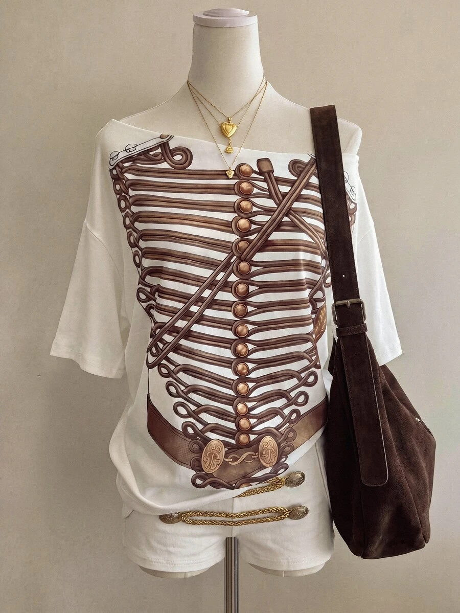 Lalippa Digital Print Napoleon Element Fashionable Women's Asymmetrical Shoulder Dropped Sleeve T-Shirt - Apricot - View 1