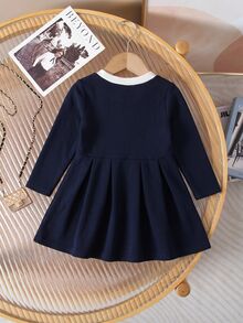 Baby Girl Cute Elegant Colorblock Bow & Button Design Dress Robe Elegante Chic - Blue - View 2