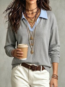 LUMIGAL A New Casual And Versatile Long-Sleeved Sweatshirt With A Light Blue Contrasting Color And A Collar Brunch Autumn Everyday Travel - Multicolor - View 3