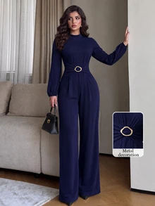 Modelyn New Women's Fitted Woven Elegant Versatile Daily Decorative Button Long Jumpsuit - Navy Blue - View 1