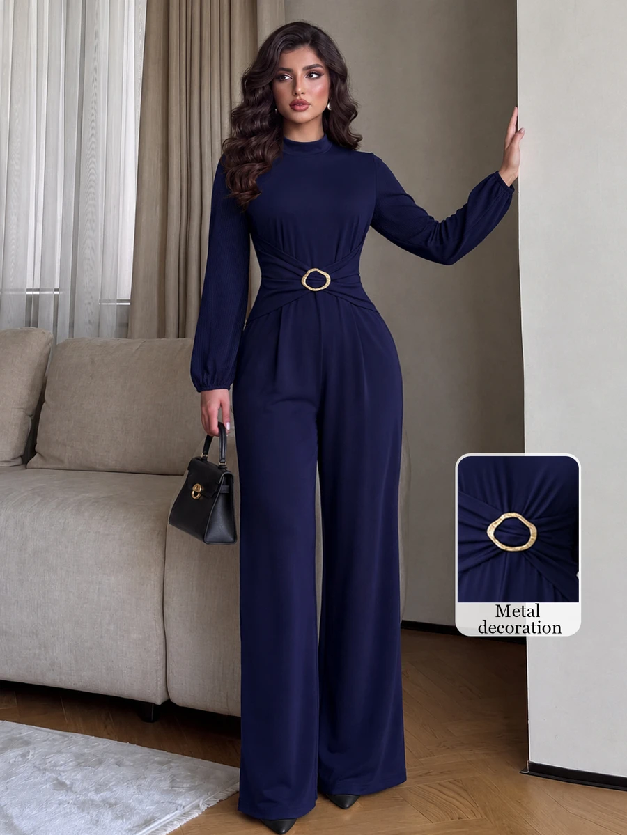 Modelyn New Women's Fitted Woven Elegant Versatile Daily Decorative Button Long Jumpsuit - Navy Blue - View 1