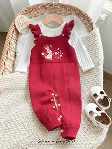 Cozy Pixies 女嬰針織連身褲，杏色，刺繡兔子與花卉圖案，秋冬長褲 - 酒紅色 - 查看 3