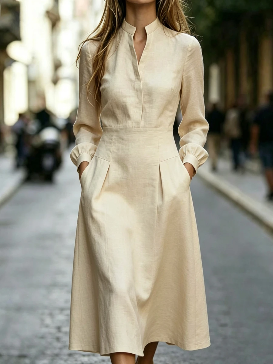 Trelyra Women's Solid Color Notched V-Neck Long Sleeve Pocket Casual Midi Dress - Khaki - View 1