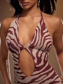 Hauture Women's Sexy Abstract Animal Halter Neck Cut Out Tie Back Fitted Maxi Sweater Knitted Dress - Multicolor - View 6