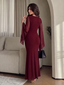 Modelyn Women's Solid Color Cowl Neck Flare Sleeve Side Drawstring Waist Elegant Long Dress - Burgundy - View 3