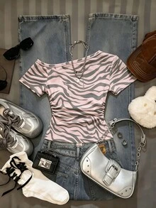 SHEIN Women's Summer Fashion Zebra Print Asymmetric Neck T-Shirt - White - View 2