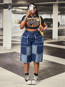SHEIN CURVE+ Festival Plus Size Women's Blue Non-Stretch Denim Patchwork Frayed Hem Capris - Dark Wash - View 7