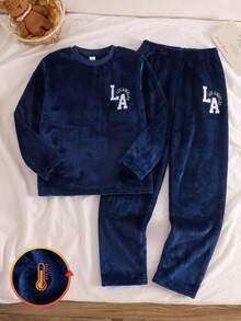 Boys' Letter Embroidered Grey Dark Grey Plush Long Sleeve Pants Set Loungewear Lounge Night Autumn Modest Casual - Blue - View 5