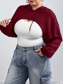 SHEIN CURVE+ 大尺碼黑色針織超短連帽毛衣，適合秋冬穿著/秋季/冬季 - 酒紅色 - 查看 3