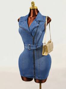 Mistrie Women's Fashion Asymmetric Zipper Denim Dress - Blue - View 3