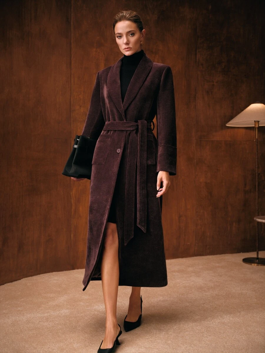 MOTF 2026 AUTUMN/WINTER WOMEN'S ELEGANT PREMIUM PURPLE OVERCOAT WITH BELT - Purple - View 1