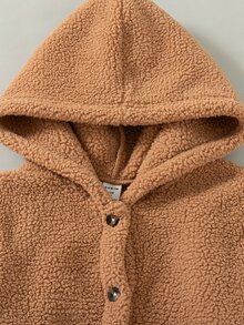 SHEIN 女童冬季淺棕色連帽抓絨外套，舒適面料，簡約百搭，適合室內外活動 - 棕色 - 查看 4