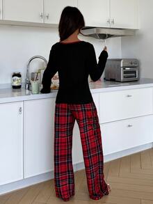 ZzzCrew Cute Slim Fit Contrast Color Small V-Neck Embroidered Long Sleeve Plaid Print Pants Women's Pajama Set - Black - View 2