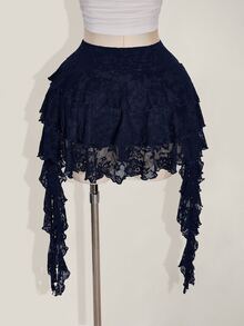 SHEIN ICON 大尺碼度假風休閒性感白色蕾絲波浪下擺裙，附安全內褲防走光，適合夏季、音樂節、返校季 - 藏蓝色 - 查看 2