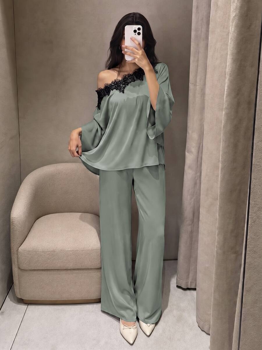 Modelyn 女款兩件套,優雅單肩蕾絲飾邊喇叭袖寬鬆上衣與鼠尾草綠寬腿褲,適合秋季辦公、派對、外出 - 薄荷綠 - 查看 1