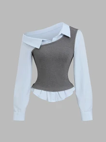 Sweetra Autumn/Winter Fashion New French Chic Design Knit/Woven Patchwork Waist-Cinching Slimming Versatile 2 In 1 Women's Shirt For Daily Wear - Grey - View 1