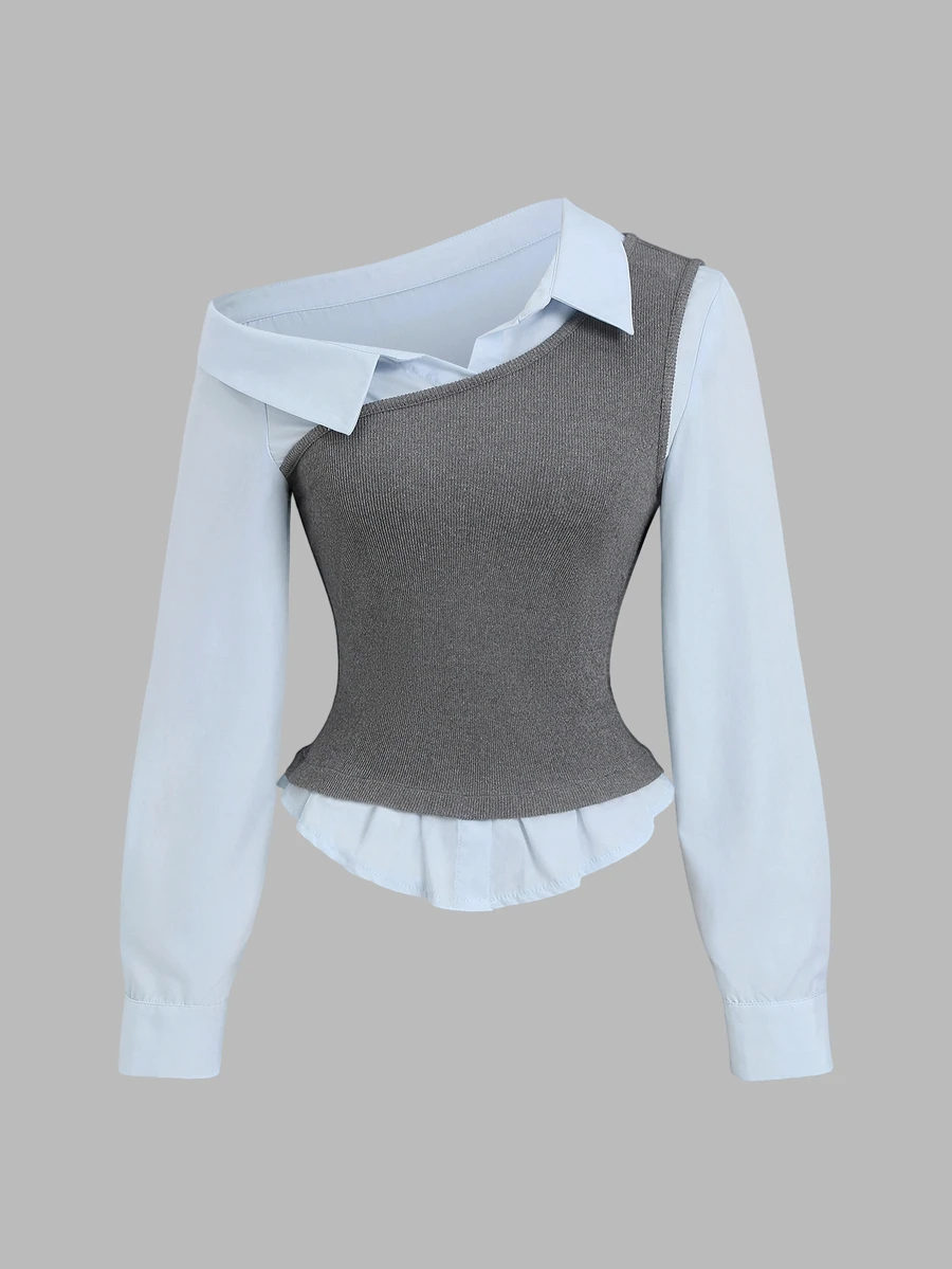 Sweetra Autumn/Winter Fashion New French Chic Design Knit/Woven Patchwork Waist-Cinching Slimming Versatile 2 In 1 Women's Shirt For Daily Wear - Grey - View 1