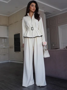 Modelyn Women's Casual Stand Collar Patchwork Black Webbing Trim Relaxed Urban Style Cinched Waist Zipper Two Pieces Set - White - View 1