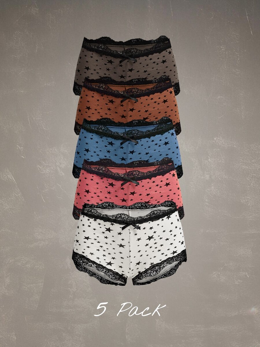 Esseday Women's Contrast Lace Bow Decor Star Print Hipster Panties - Mixed color - View 1