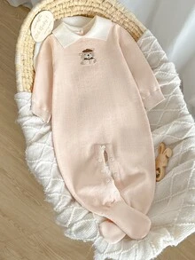 SHEIN 男嬰卡其色可愛熊圖案針織連身衣，舒適百搭，秋冬必備，細緻針織，高質感，值得擁有，適合日常、旅行與度假場景 - 卡其色 - 查看 1