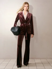 MOTF PREMIUM WOMEN'S VELVET SOLID COLOR PATCHWORK POCKET TASSEL TIE WAIST BLAZER - Brown - View 5