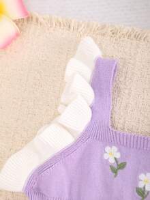 SHEIN LMoss Kids 女嬰新生兒碎花針織秋季連身衣，拼色設計，蕾絲飾邊，適合滿月、生日及其他場合，連身衣+帽子 2件套 - 淡紫色 - 查看 6