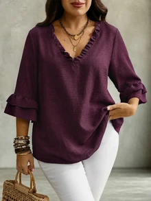Linhara CURVE Women's Plus Size V-Neck Mid-Length Ruffle Sleeve Loose Fit Faux Linen Comfortable Fabric Blouse Suitable For Outings, Vacation, Daily Casual, Commuting And Work - Red Violet - View 4