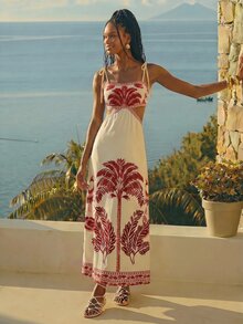 CAJUNI Chic Vacation Retro Resort Long Dress. - Red - View 1