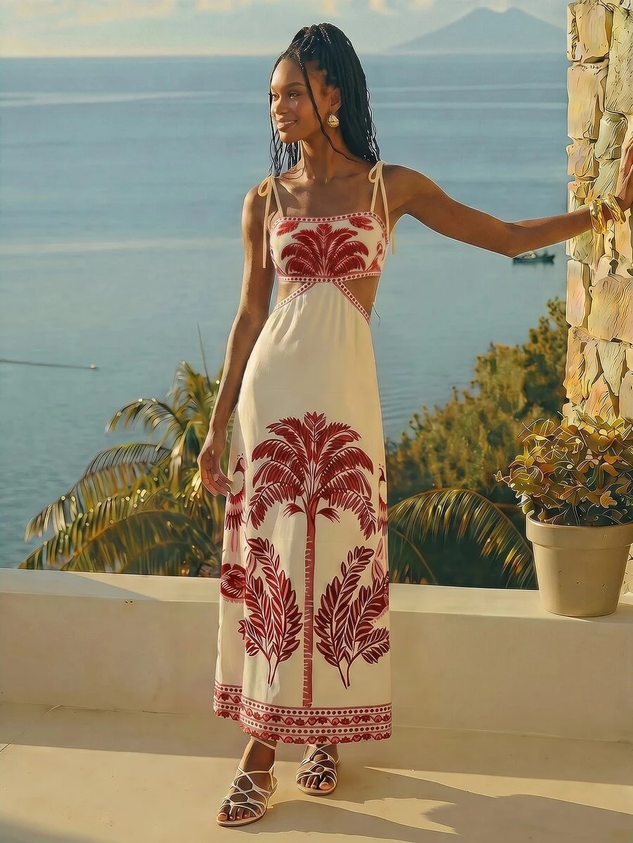 CAJUNI Chic Vacation Retro Resort Long Dress. - Red - View 1