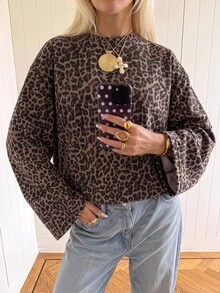 SHEIN EZwear 女款長袖復古豹紋印花秋季上衣 T-shirt，適合日常通勤、聚會、秋冬/夏季、聖誕節、新年、感恩節、派對、婚禮、海灘、畢業典禮、優雅、外出、約會、通勤、情人節、優雅、度假、Y2K、畢業典禮等場合 - 彩色 - 查看 3