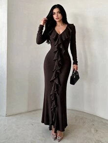 Modelyn Women's Brown Knitted Textured Long Sleeve Ruffle Waist Fitted Bodycon Fishtail Slit Elegant Romantic Dress - Brown - View 6