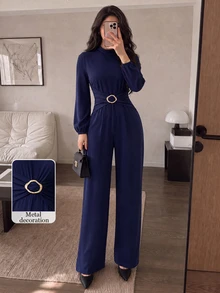 Modelyn New Women's Fitted Woven Elegant Versatile Daily Decorative Button Long Jumpsuit - Navy Blue - View 7