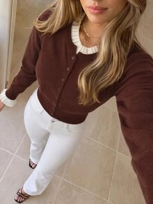 KARISMINA Brown Fake Two Piece Ruffle Trim Button Cardigan For Gathering Shopping Preppy Style,Fall Winter Sweater,Halloween,Country,Daily Commute,New Year - Brown - View 7