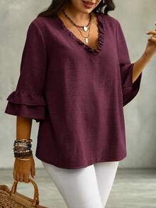 Linhara CURVE Women's Plus Size V-Neck Mid-Length Ruffle Sleeve Loose Fit Faux Linen Comfortable Fabric Blouse Suitable For Outings, Vacation, Daily Casual, Commuting And Work - Red Violet - View 7