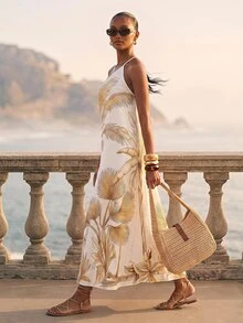 CAJUNI Chic Vacation Golden Tropical Illustration One Shoulder Maxi Dress - Multicolor - View 3
