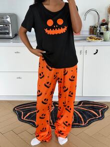ZzzCrew Halloween Print Short Sleeve & Long Pants Pajama 2 Pieces Set - Multicolor - View 4