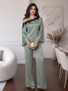 Modelyn Women's 2 Pieces Set, Elegant One-Shoulder Lace Trim Bell Sleeve Loose Top And Wide Leg Sage Green Pants, Suitable For Autumn Office, Party, Outing - Mint Green - View 6