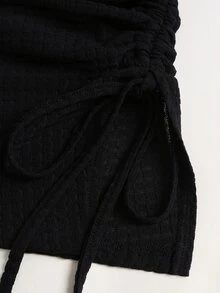 Sweetra Women's Black Elegant Casual Minimalist Commuter Asymmetrical Shoulder Pleated Fitted Hem Drawstring Design Dress - Black - View 5