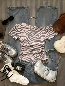 SHEIN Women's Summer Fashion Zebra Print Asymmetric Neck T-Shirt - White - View 1