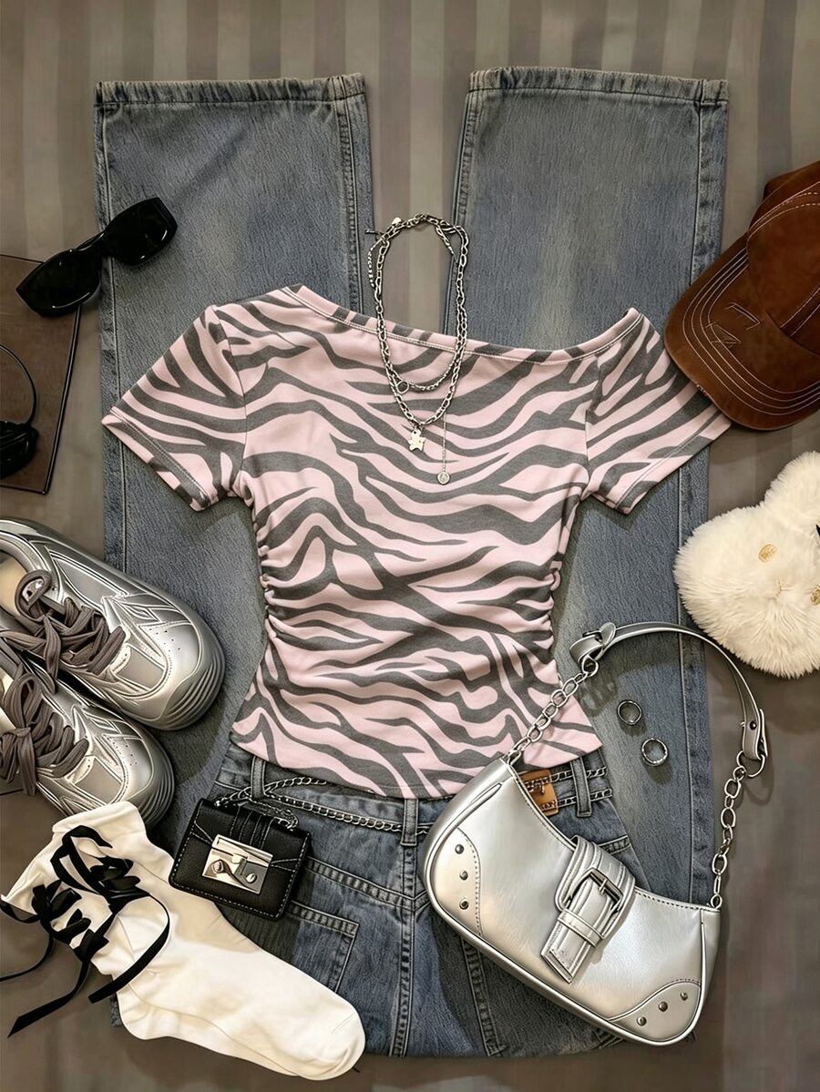 SHEIN Women's Summer Fashion Zebra Print Asymmetric Neck T-Shirt - White - View 1