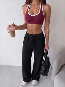 Dewbera Dewbera Yoga Casual Loose Drawstring Waist Sports Pants - Black - View 8