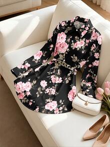 GlowEve CURVE Plus Size Women's Long Sleeve Ditsy Floral Tie Front Blouse - Pink - View 3