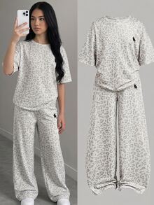 SHEIN 青少年女孩豹紋圓領短袖T恤與寬腿褲休閒套裝 - 灰色 - 查看 1