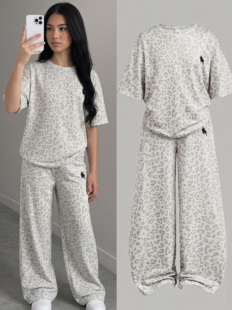 SHEIN 青少年女孩豹紋圓領短袖T恤與寬腿褲休閒套裝 - 灰色 - 查看 1