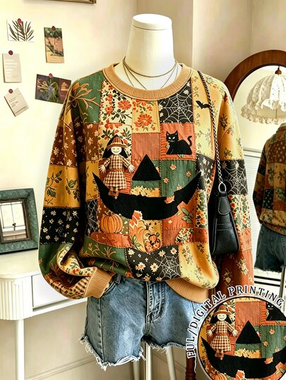 Lalippa Sudadera minimalista de manga larga con cuello redondo y estampado floral de calabaza para mujer talla grande regular