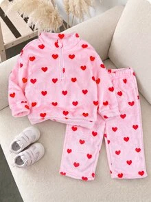SHEIN 女嬰愛心印花保暖衛衣與運動長褲套裝 - 粉色 - 查看 6
