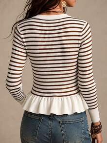 SHEIN Autumn Winter Casual Fashion Black White Striped Round Neck Single Breasted Flared Hem Slim Fit Long - Coffee Brown - View 2