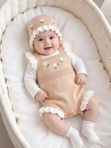 SHEIN LMoss Kids 女嬰新生兒小碎花針織秋季連身衣，拼色設計，蕾絲飾邊，適合滿月、生日及其他場合，連身衣+帽子2件套 - 杏色 - 查看 3