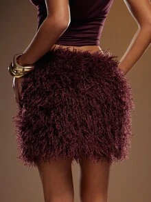 Hauture Women's Solid Color Faux Fur Fluffy Low Waist Mini Skirt - Burgundy - View 6